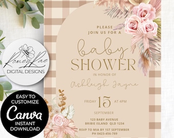 Boho Gingham Baby Shower Invitation: Canva Template (Digital Download)