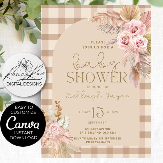 Boho Gingham Baby Shower Invitation: Canva Template (Digital Download)
