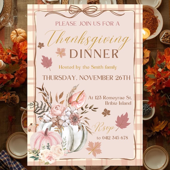 Rustic Thanksgiving Dinner Invitation | Plaid Pumpkin Floral Canva Template