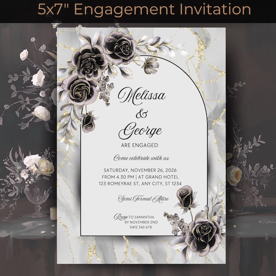 Elegant Black & Gold Floral Engagement Invitation Template | Editable Digital Invite | Modern Luxe Marble Design