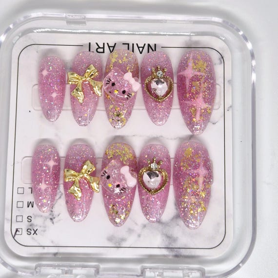 Pink Glitter Press On Nails | Gold Bow & Crown Heart Nails | Kawaii Charm Nails | Luxury Cute Nail Set
