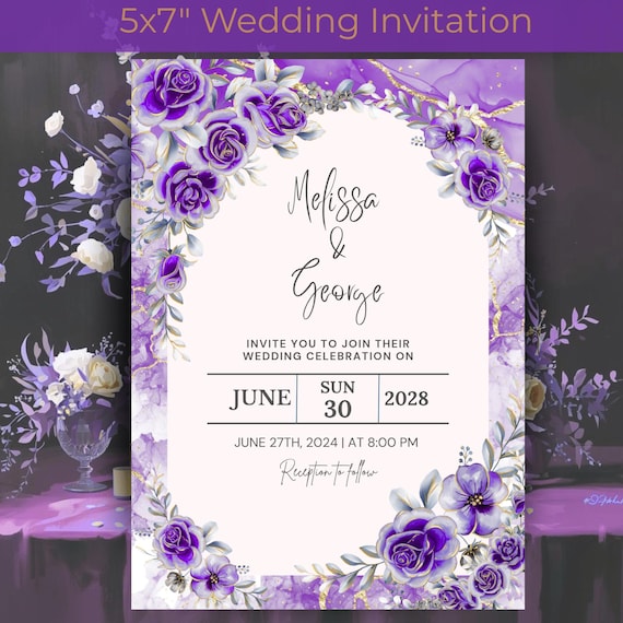 Amethyst Rose Wedding Invitation Template | Botanical Canva Invite (Digital Download)