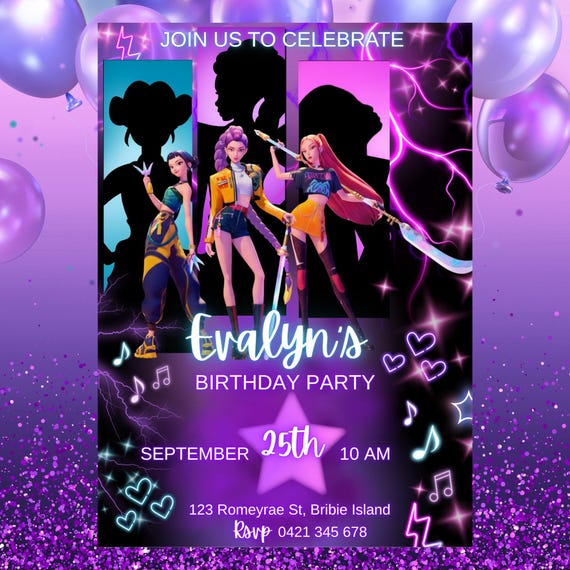 Editable Pop Birthday Invitation | Neon Girl Group Theme (Digital Template)