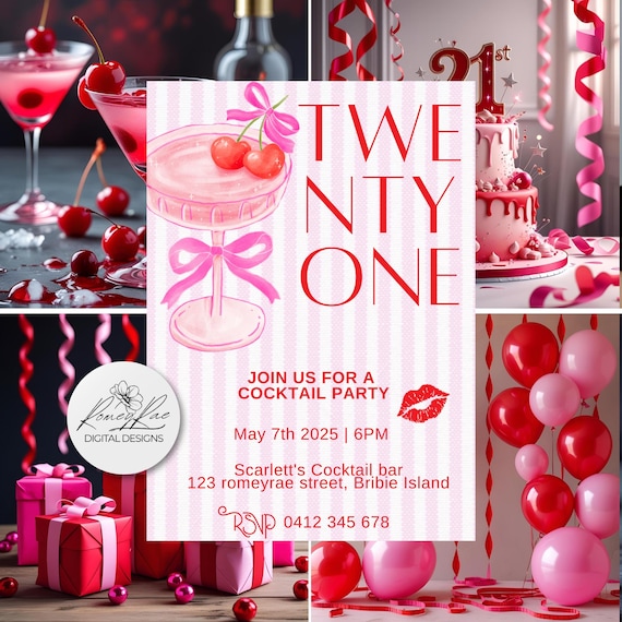 Cherry Cocktail 21st Birthday Invitation Template: Editable Canva Invite (Digital Download)
