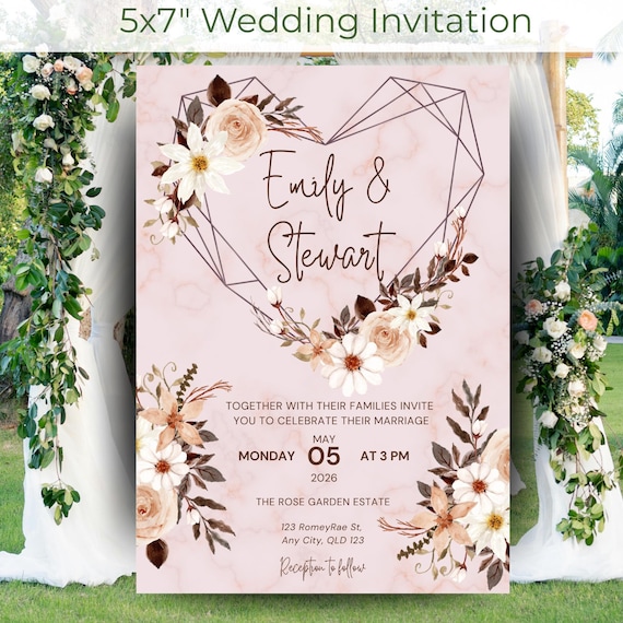 Blush Wildflower Heart Frame Wedding Invitation – Editable Template