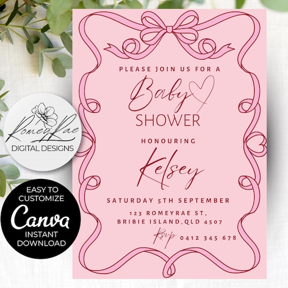 Pink Ribbon and Hearts Baby Shower Invitation Print and Editable Template
