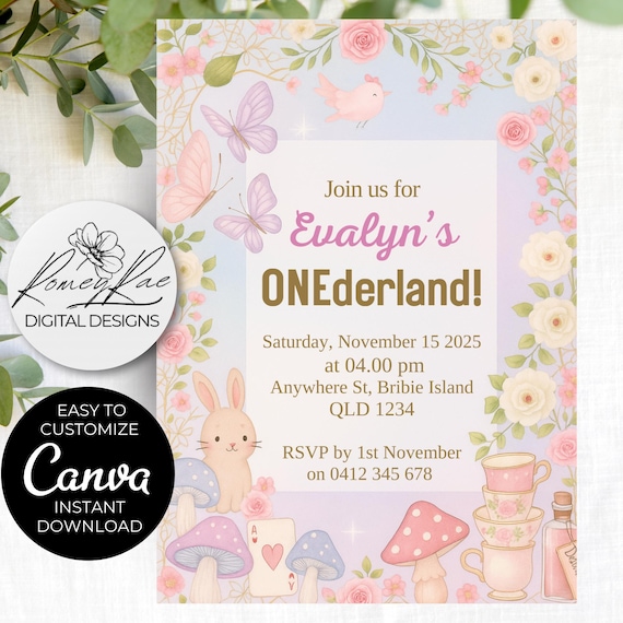 ONEderland First Birthday Invitation: Alice in Wonderland Theme (Canva Editable, Digital Download)