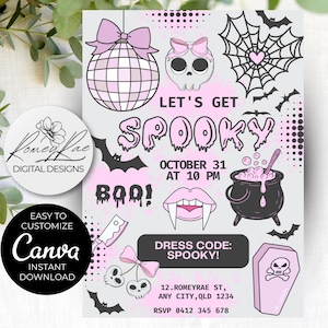 May include: A light pink and gray Halloween party invitation with various spooky graphics, including bats, a spiderweb, and a cauldron. The text reads "Let's Get Spooky" and includes the date, time, and dress code. The Canva logo is also visible.