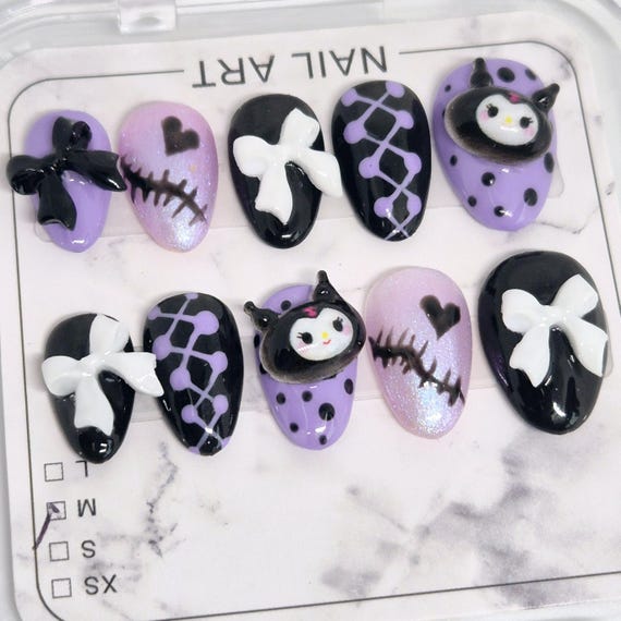 Pastel Goth Press On Nails | 3D Bow, Kawaii Spooky Nail Set