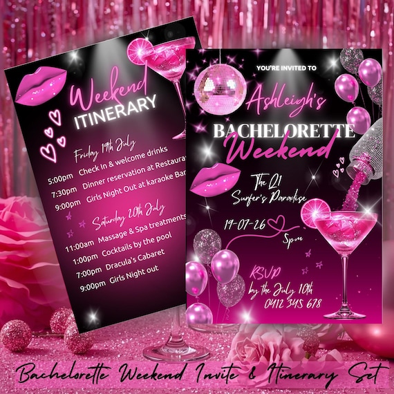 Pink Disco Bachelorette Party Invitation & Itinerary | Editable Canva Template (Digital Download)