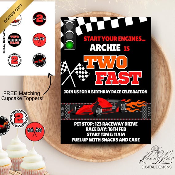 Two Fast Race Car Birthday Invitation: Editable Canva Template (Digital Download)