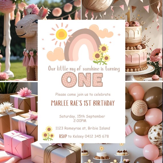 Ray of Sunshine 1st Birthday Invitation: Boho Rainbow Daisy (Editable Canva Template)