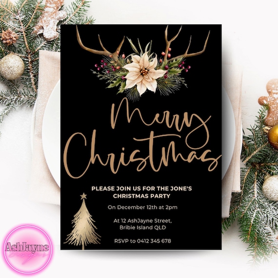 Black & Gold Antler Christmas Party Invitation | Elegant Holiday Invite (Canva Template)