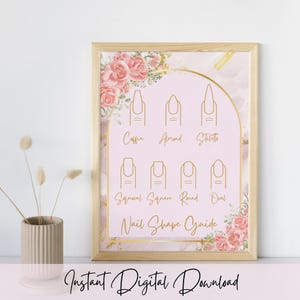 Guide till nagelform i rosa och guldfärgade blommor: Poster för salongsdekor (digital nedladdning)