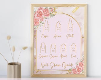 Pink & Gold Floral Nail Shape Guide: Salon Decor Poster (Digital Download)