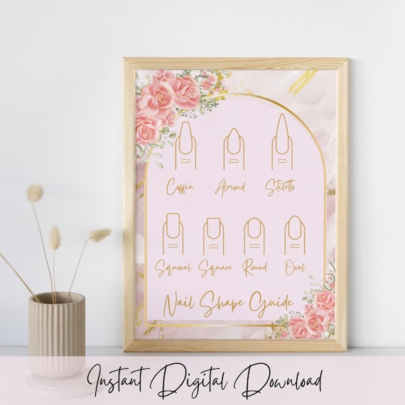 Pink & Gold Floral Nail Shape Guide: Salon Decor Poster (Digital Download)