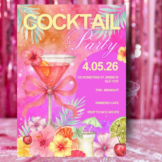 Tropical Cocktails Party Invitation Template, Summer Birthday, Hens Party (Digital Download)