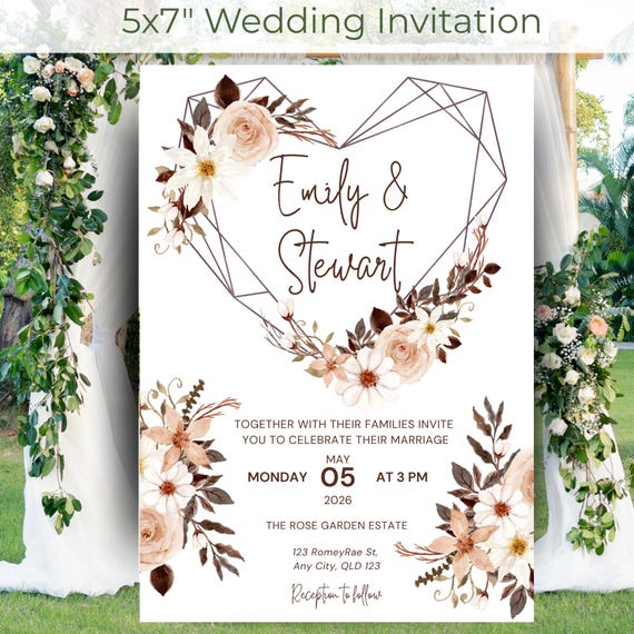 Wildflower Heart Frame Wedding Invitation | Boho Floral 5x7" Invite (Digital Download)
