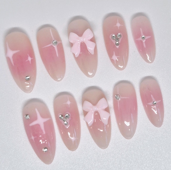 Pink Bow Press On Nails – Sparkly Star, Rhinestone Almond, Handmade Reusable