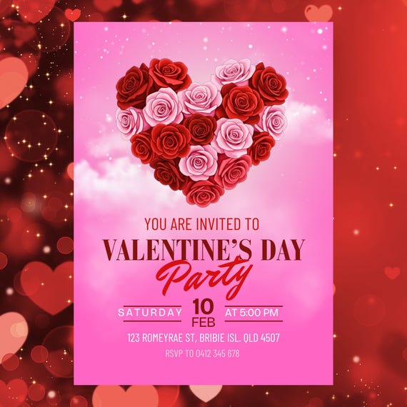 Editable Valentine’s Day Invitation Template | Floral Heart Party Invite | Instant Download Canva