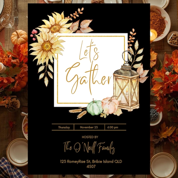 Fall Dinner Party Invitation | Sunflower, Lantern (Canva Template)