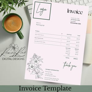 May include: A light pink invoice template with floral accents and the text "Invoice". The invoice includes a logo, product details, and payment information. A green mug with coffee sits to the left of the invoice.