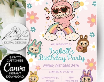 Invito di compleanno a tema mostri: festa con arcobaleno pastello, modello Canva modificabile (download digitale)