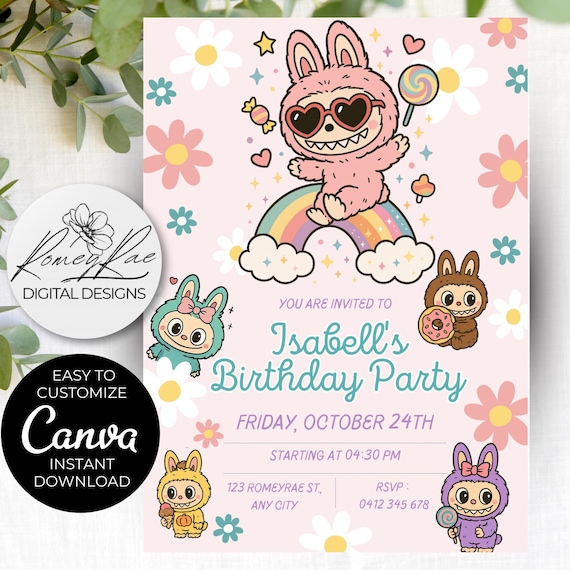 Monster Birthday Invitation: Pastel Rainbow Party, Editable Canva Template (Digital Download)