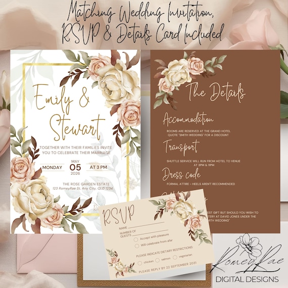 Boho Floral Wedding Invitation Suite, Terracotta Blush, Editable (5x7 Inch) (Digital Download)