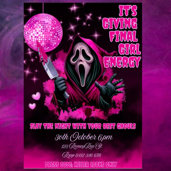 Pink Glam Horror Halloween Invitation: Disco Ghost Face Canva Template