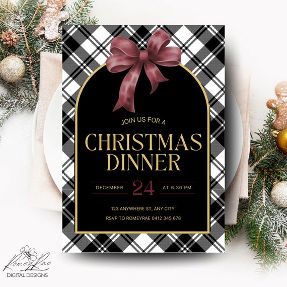 Plaid Christmas Dinner Invitation Template: Editable Holiday Party Invite (Digital Download)