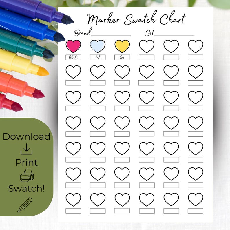 Marker Swatch Chart Printable | Cute Heart Swatch Sheet | Marker Color ...