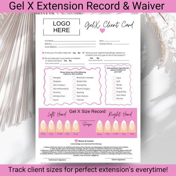 Gel X Client Card: Nail Extension Size Record & Salon Waiver (Canva Template)