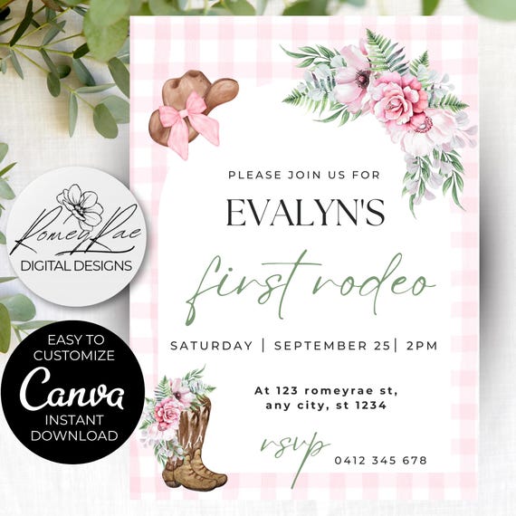 First Rodeo Birthday Invitation: Pink Cowgirl Party, Editable Canva Template (Digital Download)