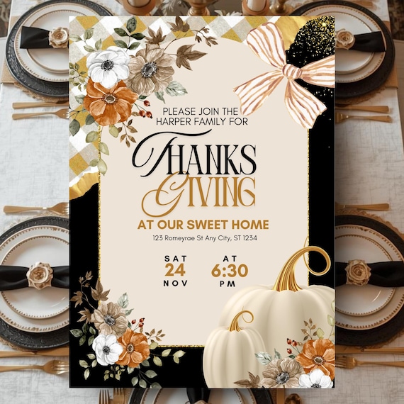 Elegant Thanksgiving Invitation Template: Boho Pumpkin Floral Design (Digital Download)