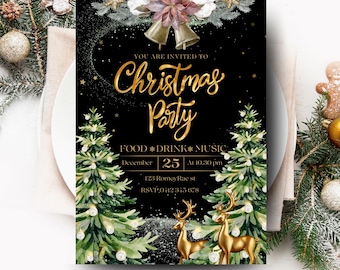 Luxury Christmas Party Invitation | Black & Gold Holiday Invite | Elegant Festive Printable | Editable Canva Template