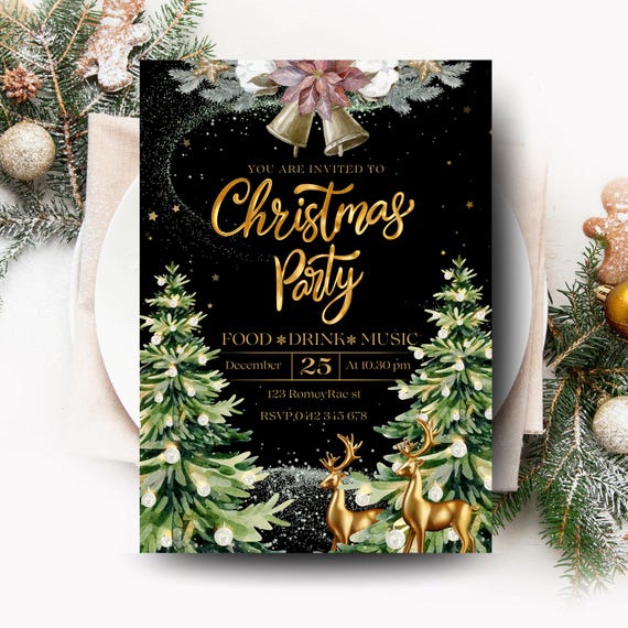 Luxury Christmas Party Invitation | Black & Gold Holiday Invite | Elegant Festive Printable | Editable Canva Template