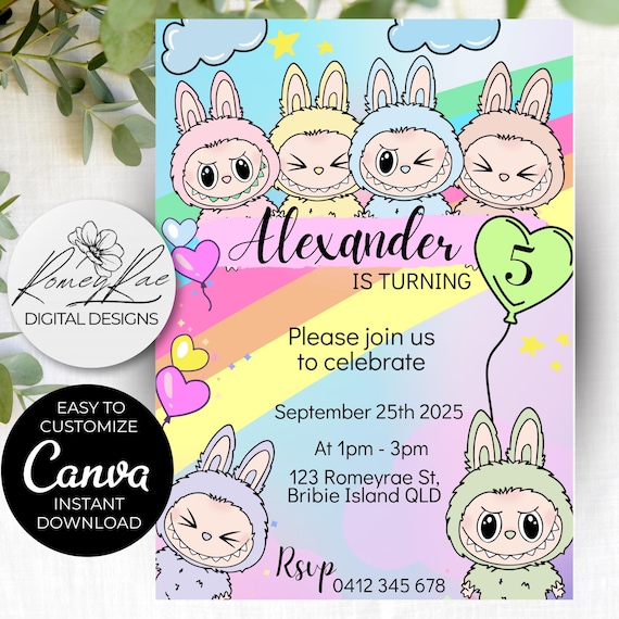 Kawaii Monster Birthday Invitation: Rainbow Pastel Party (Canva Template Digital Download