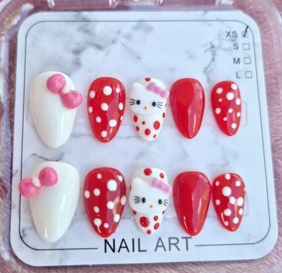 Kawaii Bow Press On Nails | Red & White Polka Dot Nails | Cute 3D Bow Cat Nail Art | Glossy Handmade Fake Nails