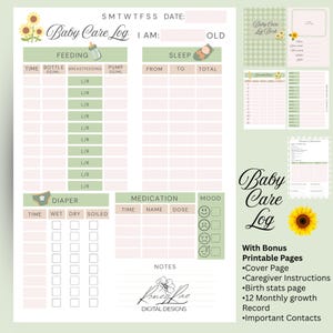 Sunflower Baby Care Log Printable: Daily Infant Tracker (PDF Download)