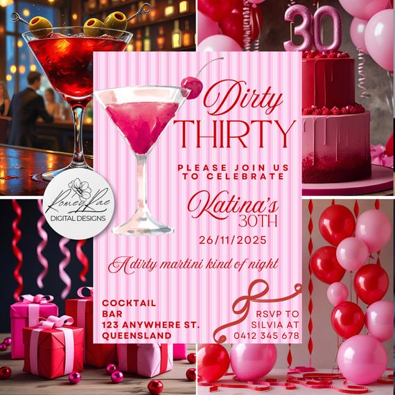 Dirty Thirty Invitation: Pink Martini, Red Accents, Editable Canva Template (Instant Download)