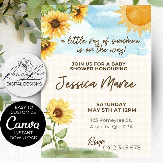 Sunflower Baby Shower Invitation Template: Boho Watercolor (Digital Download)