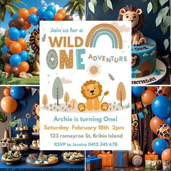 Wild One Safari Birthday Invitation: Lion & Rainbow, Editable Canva Template (Digital Download