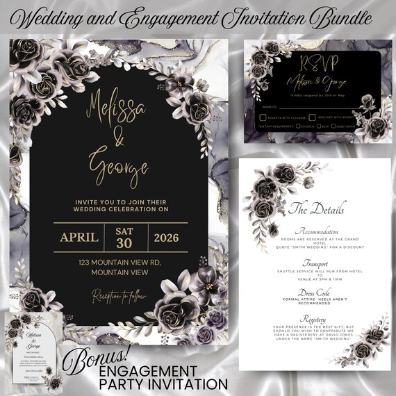 Black & Gold Floral Wedding Invitation Bundle (Editable Template)