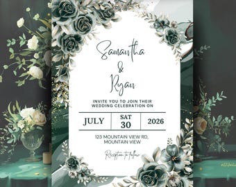 Emerald Green Wedding Invitation Template | Botanical Canva Invite (Digital Download)