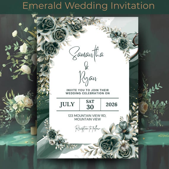 Emerald Green Wedding Invitation Template | Botanical Canva Invite (Digital Download)