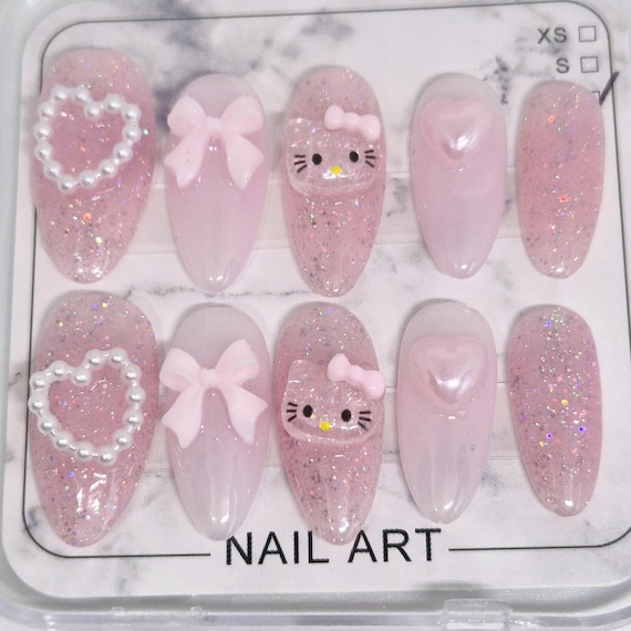 Kawaii Kitty Press On Nails | Pink Glitter Bow Coquette Nails