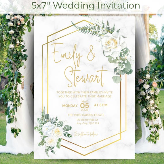White Rose Gold Frame Wedding Invitation | Elegant Floral 5x7 Suite (Digital Download)