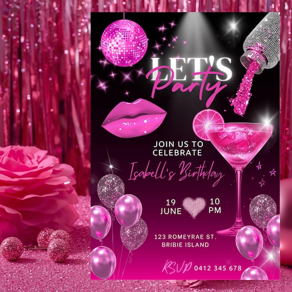 Pink Glam Martini Birthday Invitation | Editable 5x7” Canva Template