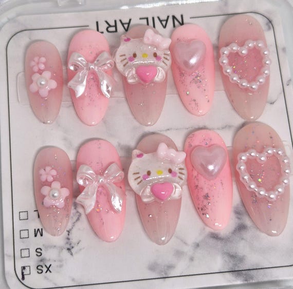 Pink Kawaii Press On Nails | 3D Bow, Pearl Heart, Floral Charms